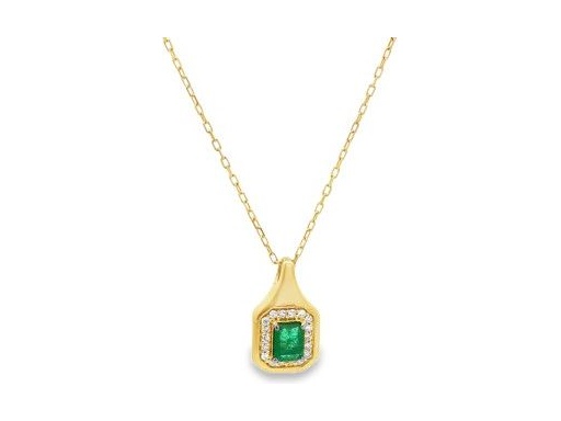 18K Yellow Gold Emerald Halo Pendant Necklace with Natural Diamonds